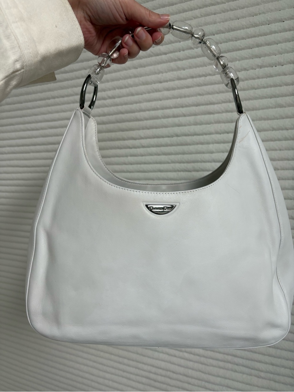 Christian Dior Malice Hobo Bag White Leather Beaded Acrylic Handle Galliano Era